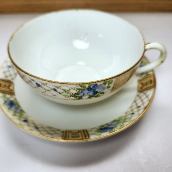 Nippon Teacup and Saucer Set Vintage Hand Painted Blue Flowers Gold Trim - Picture 2 of 11